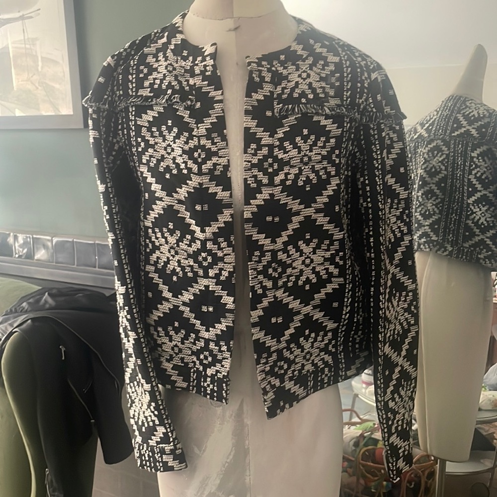 White and black boxy jacket, structured and flattering, unique and one of a kind